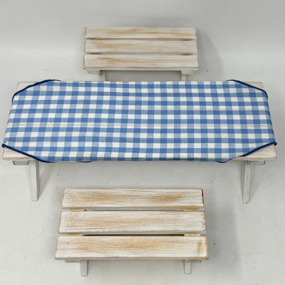 Anne Geddes Enesco Miniature Picnic Table Bench Set White Wood Gingham Prop